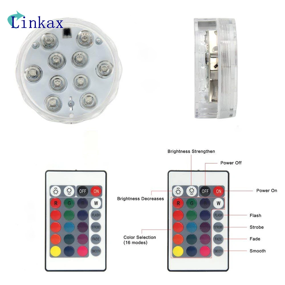 

10 LED RGB Led Underwater Light Submersible LED Light IP68 Waterproof Swimming Pool Light Battery Operated for Wedding Party