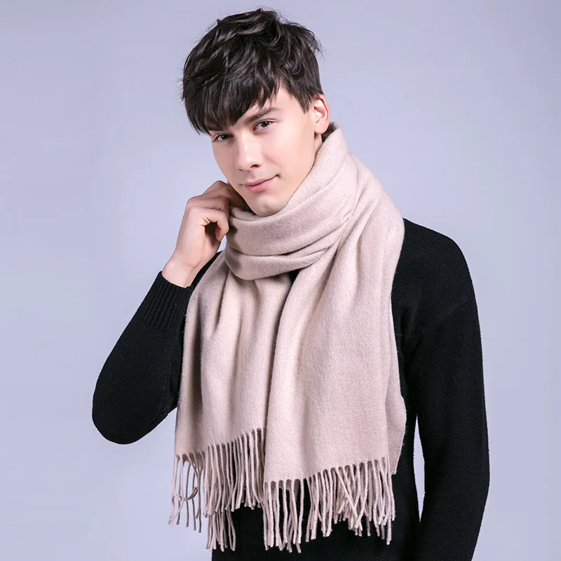 Autumn Winter Wool Scarf For Men Classic Solid Tassels Thicken Warm Man Large Sheep Wool Scarves Black 200x70cm - Цвет: Color 1