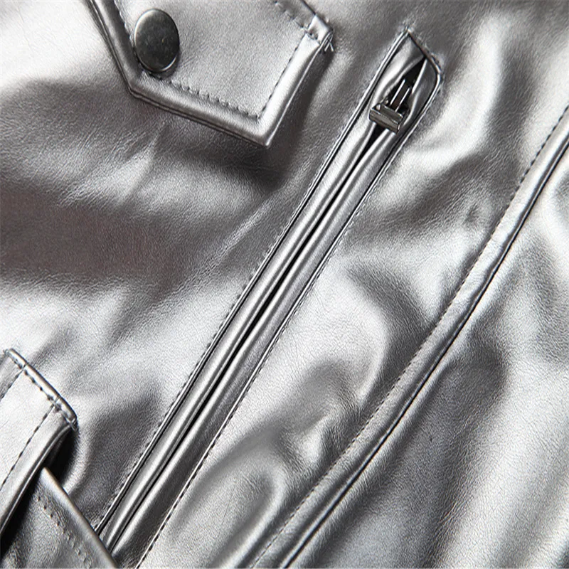 Haoduoyi Женская куртка в стиле панк, короткая куртка из искусственной кожи, куртка с отложным воротником, серебряная куртка с большим количеством карманов и застежкой-молнией, верхняя одежда