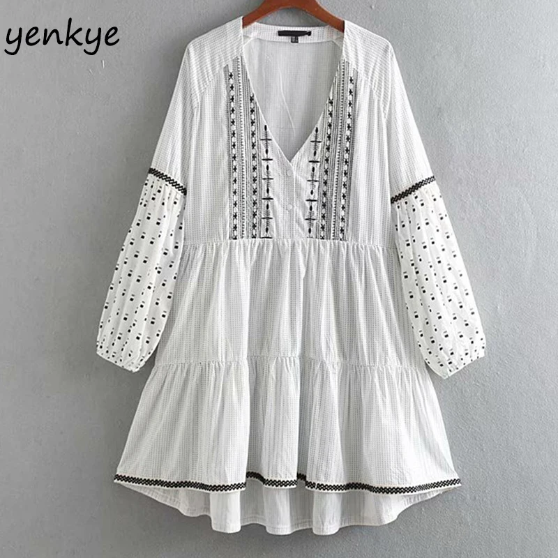 

Summer Dress 2019 Women Long Sleeve Embroidered Dress Female Sexy V Neck A-line Vintage Casual Dress vestidos mujer CCWM9098