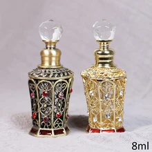 Vintage antiguo Latón chapado en oro rojo mano esmaltada y diamantes de imitación joyas Metal vidrio botella para perfume con aceite 8ml con tapa de cristal