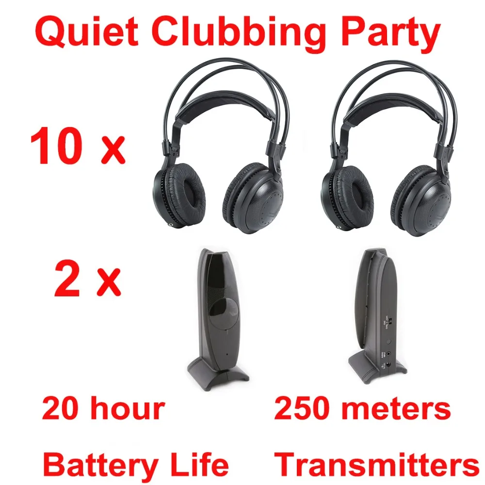 

Most Professional Silent Disco Compete System Wireless Headphones - Quiet Clubbing Party Bundle (10 Headsets + 2 Transmitters)