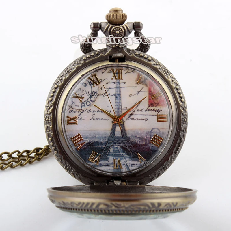Эйфелева башня карманные часы римские цифры бронзовые старинные кварцевые карманные часы ожерелье с брелоком цепочка для мужчин и женщин