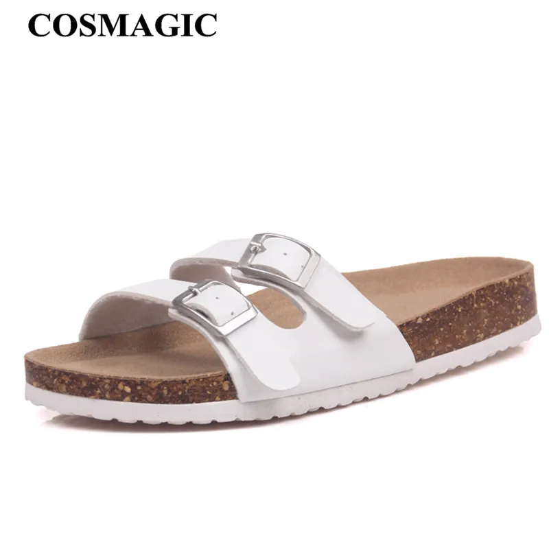 

COSMAGIC 2018 New Summer Cork Slippers Shoe Women Casual Solid Color PU Flip Flops Holiday Beach Slides Flat with Plus Size
