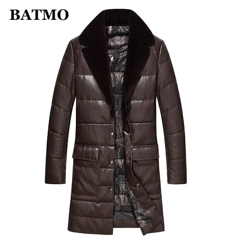 

BATMO 2019 new arrival winter high quality wool collar real leather thick duck down long trench coat men,winter parkas 1712
