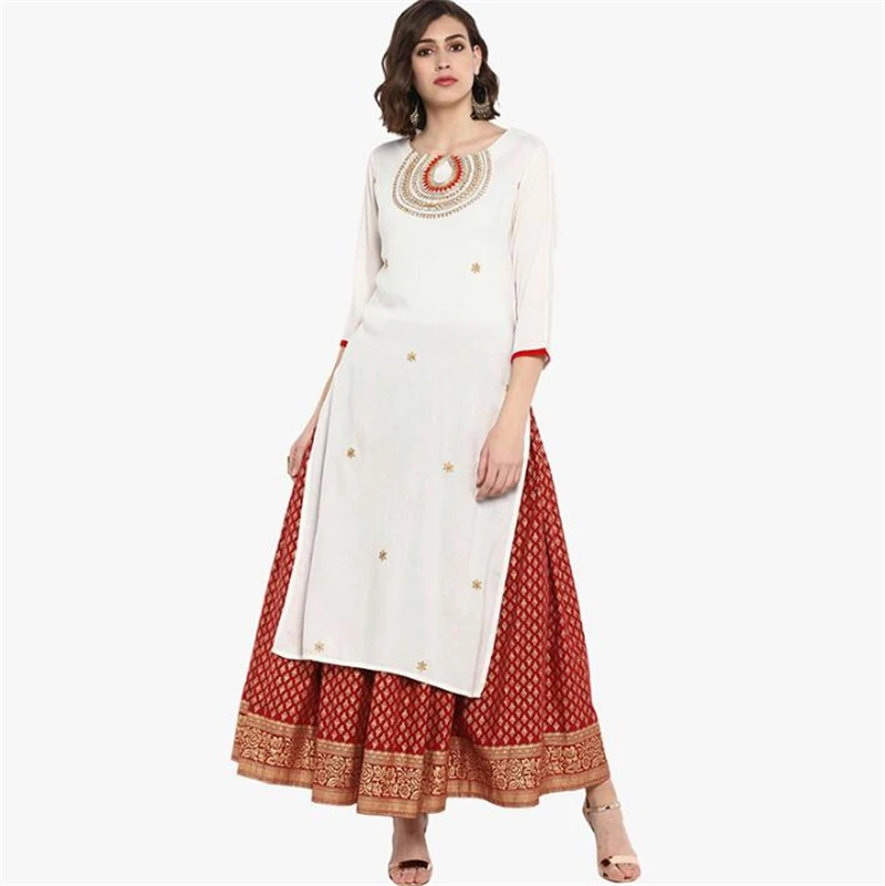 Индийский модный женский этнический стиль, комплект с принтом, хлопковое индийское платье, рукав три четверти, костюм, элегантный женский длинный топ, юбка