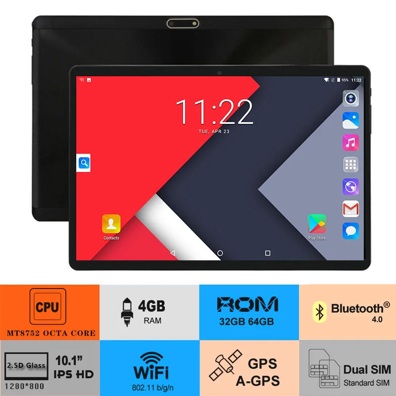 10 inch tablet Android 8.0 Octa Core 4GB RAM 64GB ROM 8 Cores 1280*800 IPS 2.5D Glass Screen Bluetooth WiFi GPS Tablets 10.1
