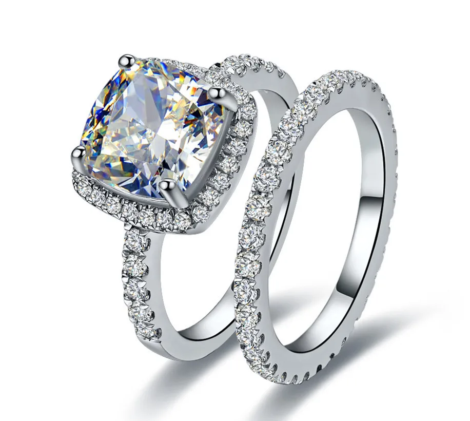 Por Sterling Silver Diamond Wedding Sets Threeman 3 55 Ctcushion Cut Synthetic Diamonds Rings Set Engagement Ring Wedding Band Sterling Silver Jewelry White