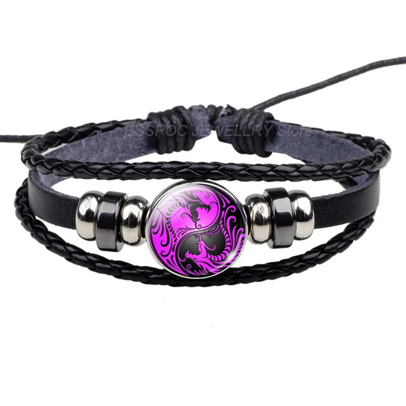 Yin Yang Bracelet Tree of Life Braided Leather Pubk Black Bracelets Tai Chi Craft Supplies Life Tree Glass Dome Jewelry Men Gift - Окраска металла: as show