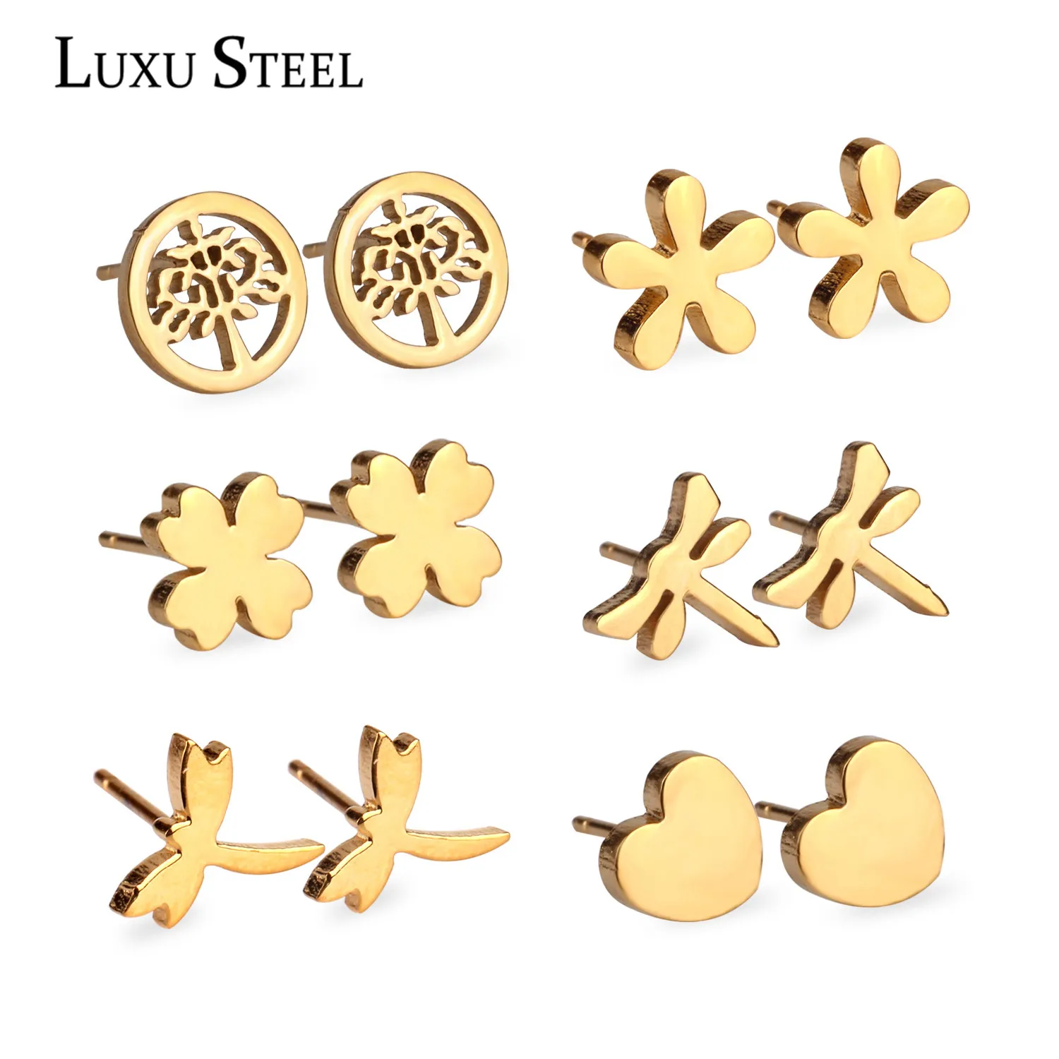 

LUXUSTEEL Earring 2018 6Pairs/Boxes Stainless Steel Earring Sets Gold/Silver Color Tree/Flower/Heart/Dragonfly Stud Earrings