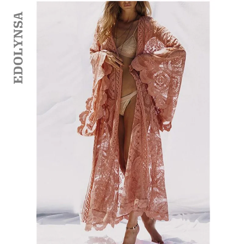 

Luxury Pareo Beach Sarong Pink Transparent Embroidery Kimono Top Boho Wrap Dress Sexy Swimwear Cover Up Lace Tunic Women A54