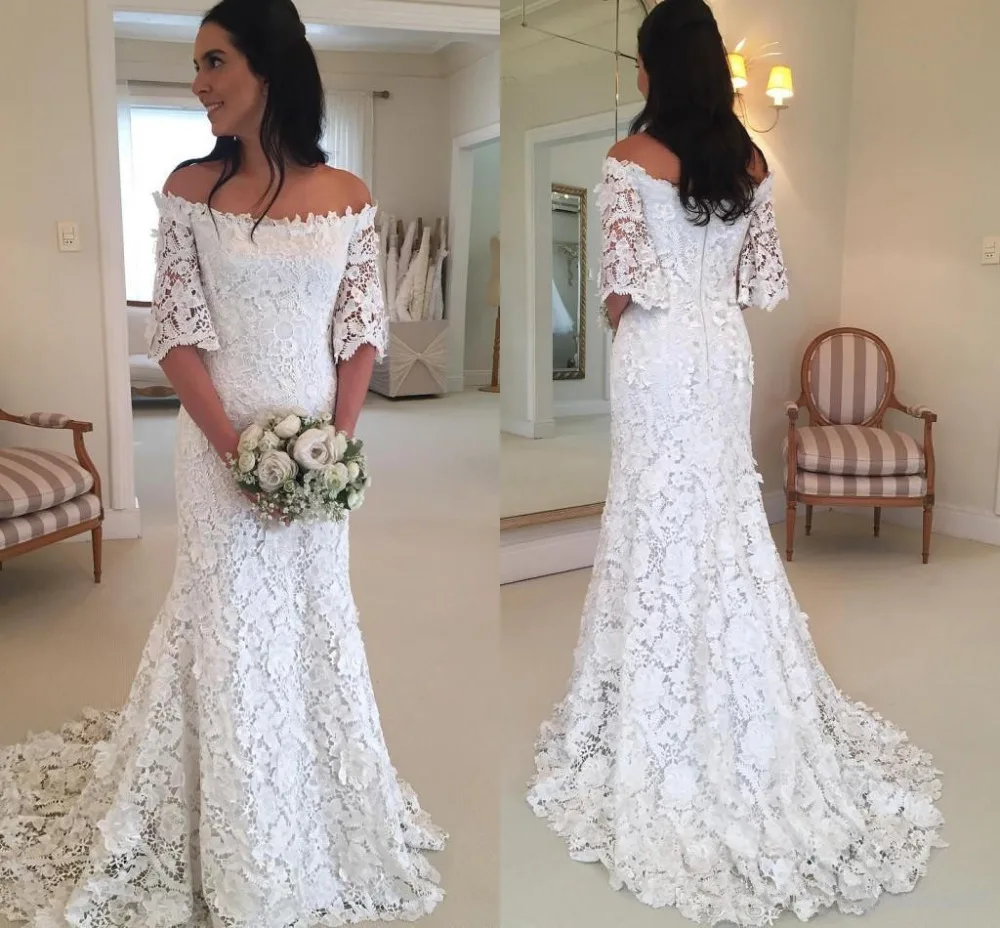 Кружевной вырез лодочкой Свадебные платья vestido de noiva Свадебная вечеринка платье с рукавом до локтя Свадебные платья-Русалка Плюс Размеры