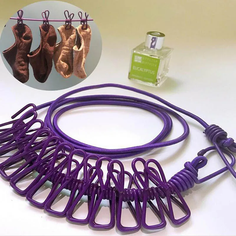 Портативная эластичная бельевая верёвка для путешествий Регулируемая Одежда с 12 шт прочные прищепки для наружного и внутреннего использования