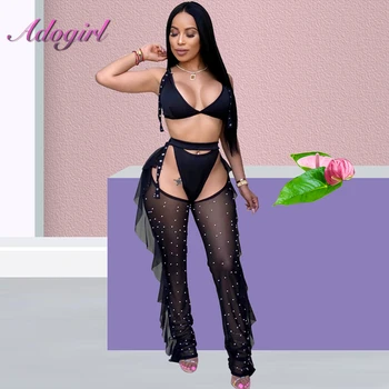 

2018 Beading Women's Set Sexy Deep V-Neck Bra Top Bodycon Skinny Pants Ladies Bikini Trousers Clubwear