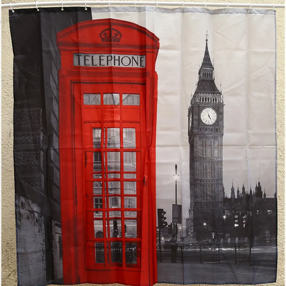 

Creative Waterproof 3D London Big Ben Shower Curtain Bathroom Product Polyester Telephone Booth Pattern with 12 Hooks Bath Decor