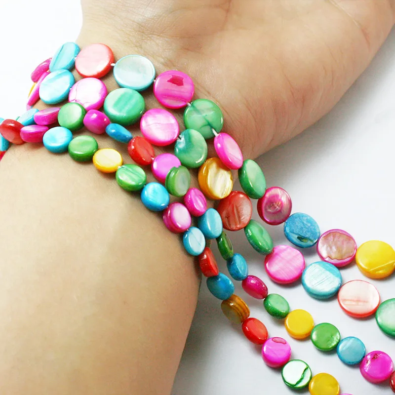 

Fashion 11mm Approx 33pcs 7 Different Colors Natural MOP Shell Round Flat Beads Bracelets Necklaces Jewelry DIY For Female Gift