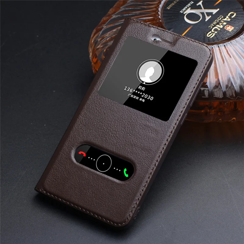 

CYBORIS for Huawei Honor 8 Lite Case Genuine Real Cow Leather Case for Huawei Honor V9 Window View Stand Flip Cover