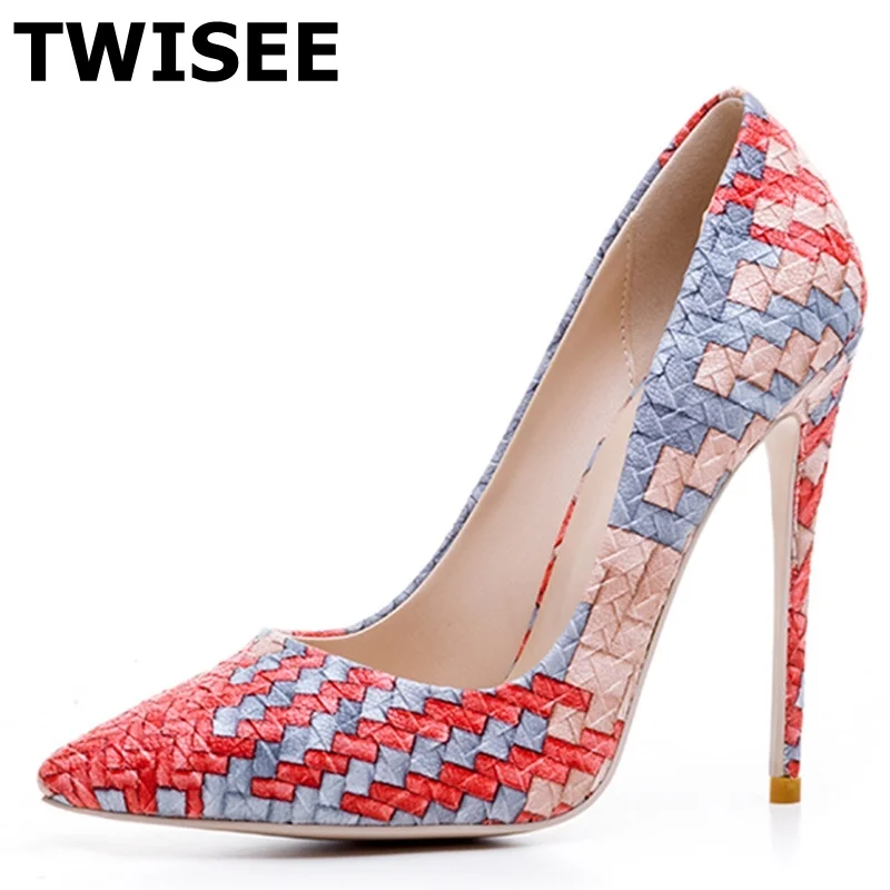 TWISEE Women Shoes pu Leather 12cm thin Heel High Quality Slip on Classic Leisure Shoes Office Girls Pump Shoes