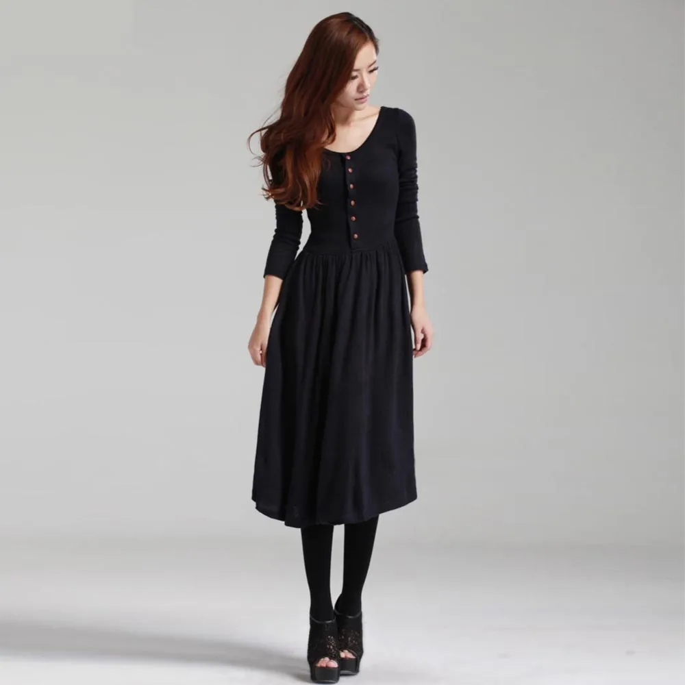 2017 Spring Black/Green Long Dress Women Casual Dress Long Sleeve