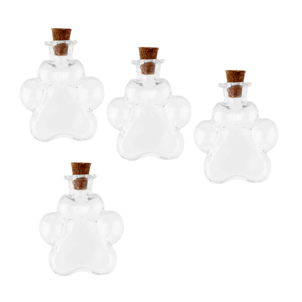 4Pcs Mini Paw Empty Glass Wishing Bottle Vial Pendant Charms Jars with Cork Stoppers DIY Craft