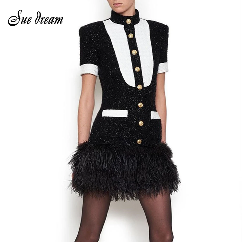 

Elegant Feather Black Women's Dress 2018 New High Collar Gold Button Accessories Short Sleeve Colorblock Mini Skinny Dress