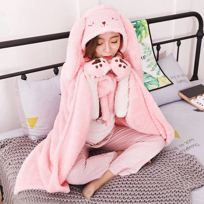 

New Rabbit Lovely Plush Soft Cloak Bunny Cape Cartoon Cloak Coral Fleece Air Blankets Birthday Valentine Gifts 160x120cm