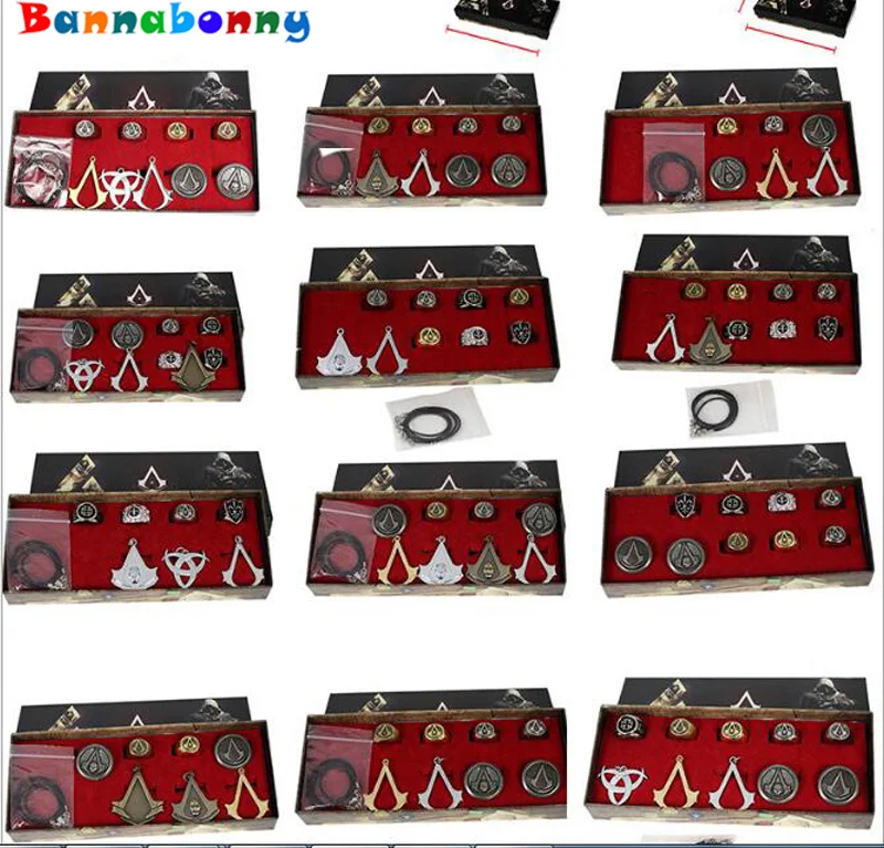 Free shipping BOX 12 styles Animation Assassins Creed Necklace brooch rings action figures gift model TOYS