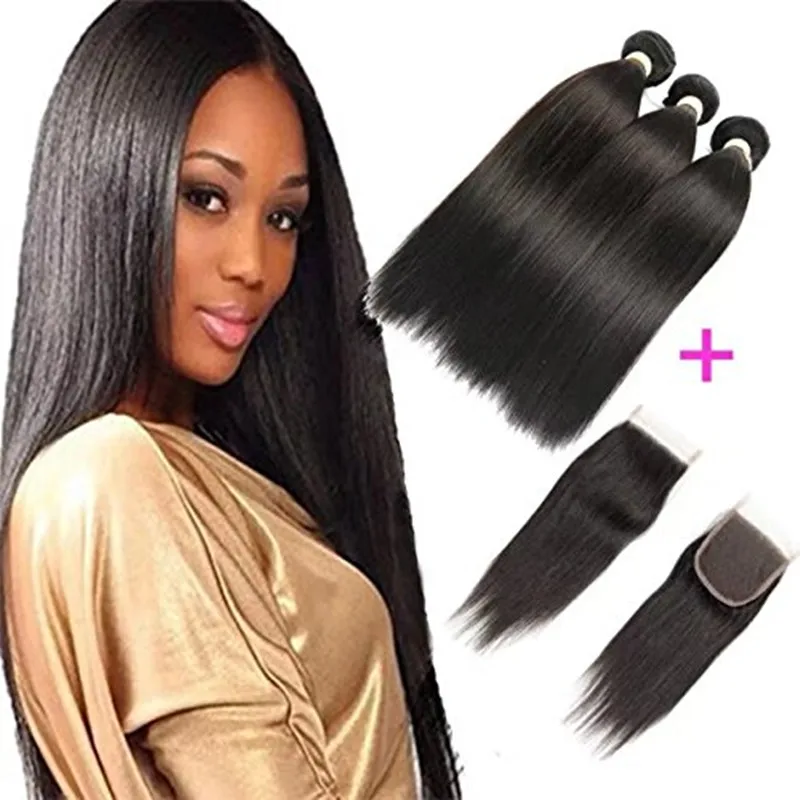 

Brazilian Straight Hair 3 Bundles With a Free Part Lace Closure 100% Unprocessed Human Hair Bundles Natural Color