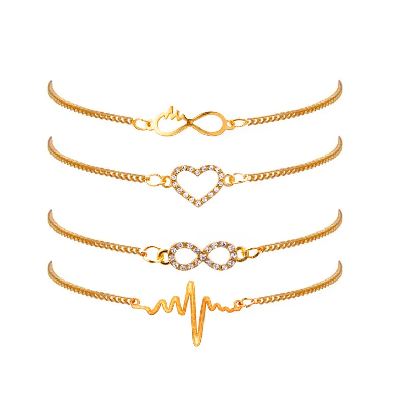

4piece/set Fashion Simple Women's Exquisite Designed Rhinestones Number 8 ECG Heart Shape Personality Trendy Bangle Bracelet