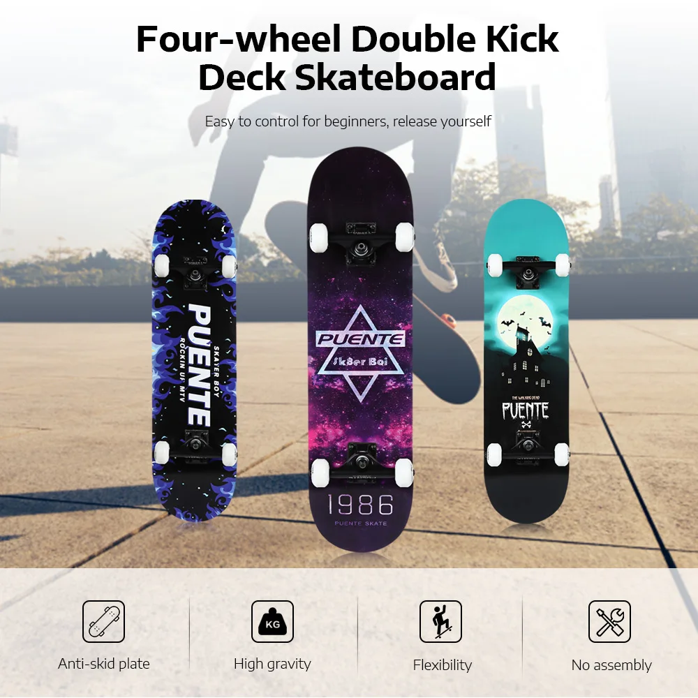 PUENTE Four-wheel Double Kick Deck Skateboard with T-shape Gadget