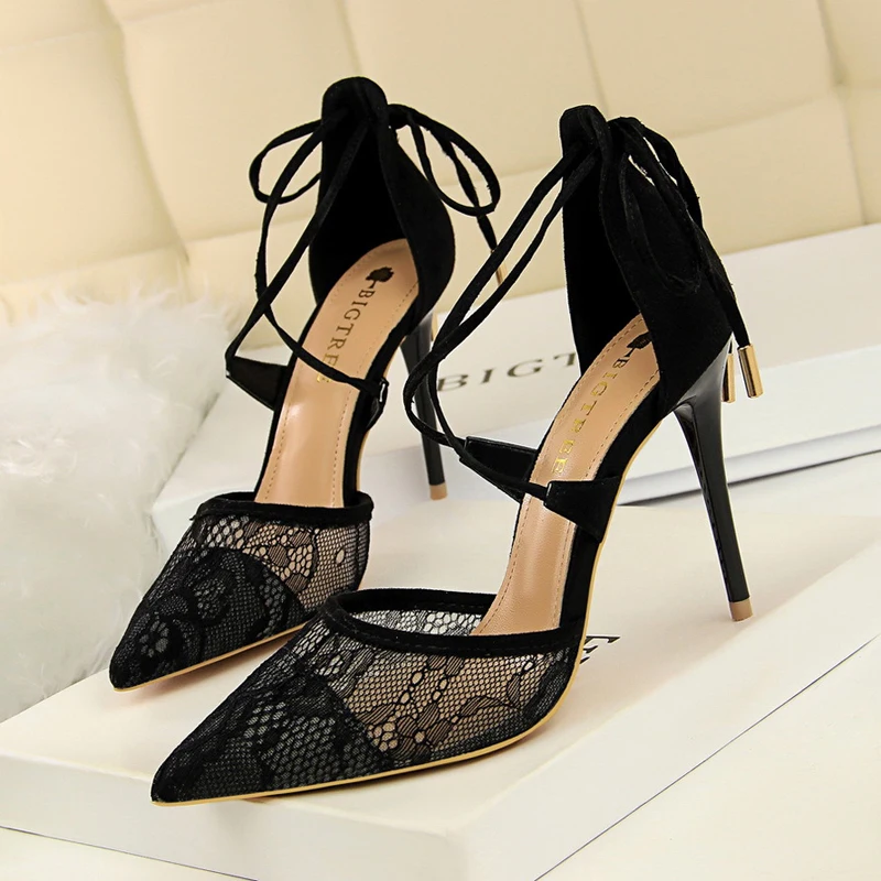 

Sexy high heel stiletto high heel shallow mouth pointed mesh lace cross with hollow female sandals