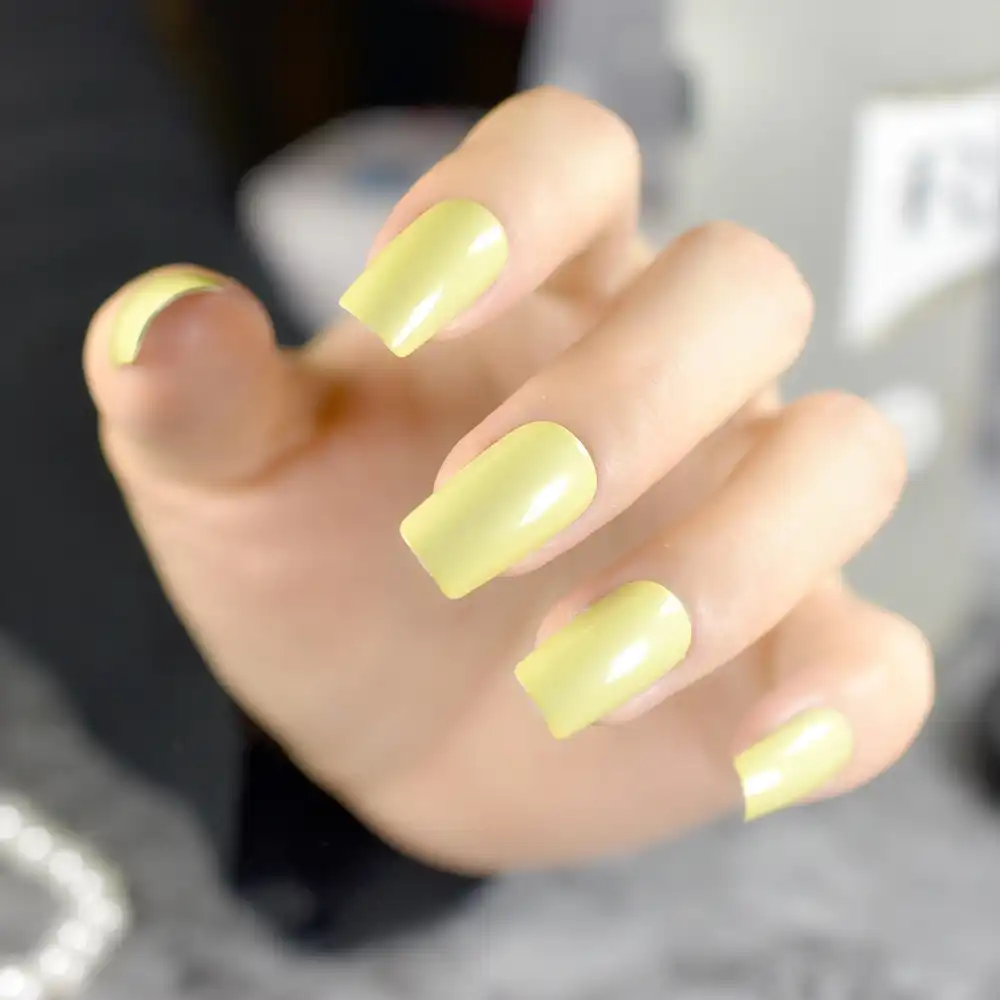 24 Uds Unas Postizas Verdes Amarillas Cabeza Cuadrada Acrilico