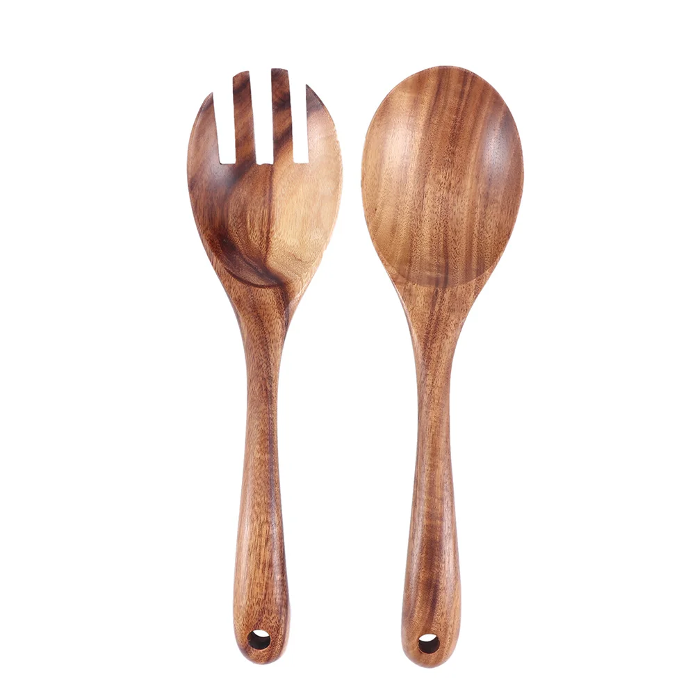 

Natural Wooden Kitchen Cooking Spoons Large Salad Server Wood Fork Spoon Cutlery Set Wooden Utensils Tableware