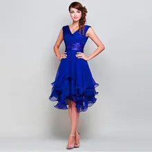 2016 Sexy Prom Kleider Chiffon V-ausschnitt Ärmellose knielangen Rüschen A-linie Cocktail Homecoming Party Kleid Blau Kurz Customized