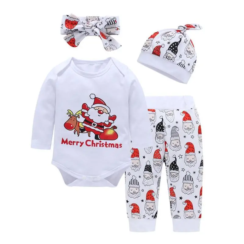 

Newborn Baby Merry Christmas Clothes Set 4pcs Cute Rompers Long Pants Headband Hat Outfits Set Casual Clothes
