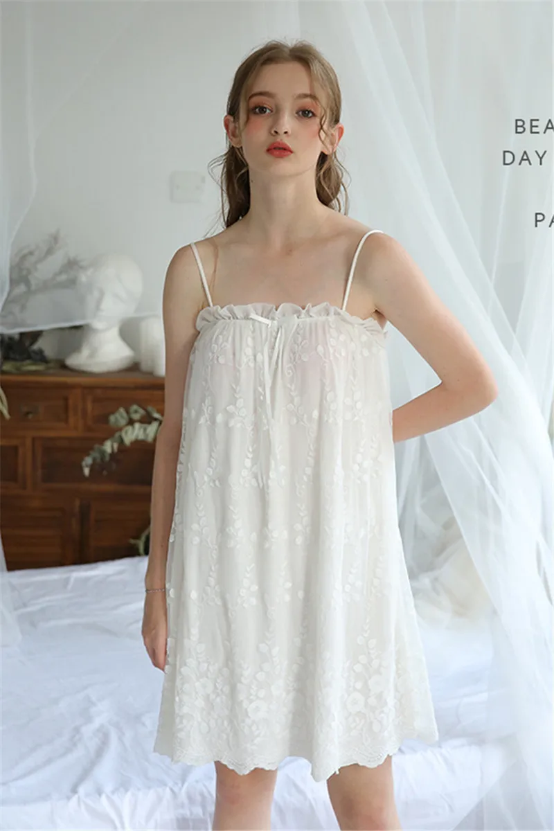 Сексуальное ночное белье на бретельках, элегантное кружевное платье с рюшами и хлопковой подкладкой, Женская домашняя одежда, ночное платье, белая ночная рубашка для женщин T502