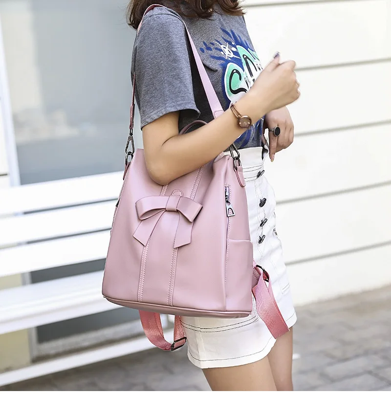 Cute Pink Bow Women Backpack Pu Leather antitheft backpack For Teenage Girls Rucksack Female Shoulder School Bags Travel Mochila