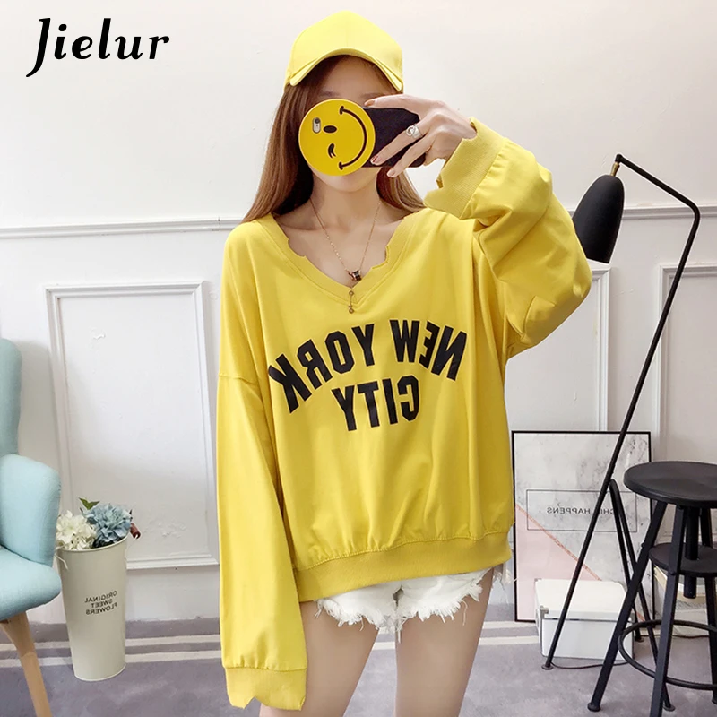 Jielur 2018 Autumn V-neck Women Hoodies Korean Print Girls Sweatshirt Thin Harajuku Long Sleeve Hoody Female Top M-XXL Dropship Hoodies