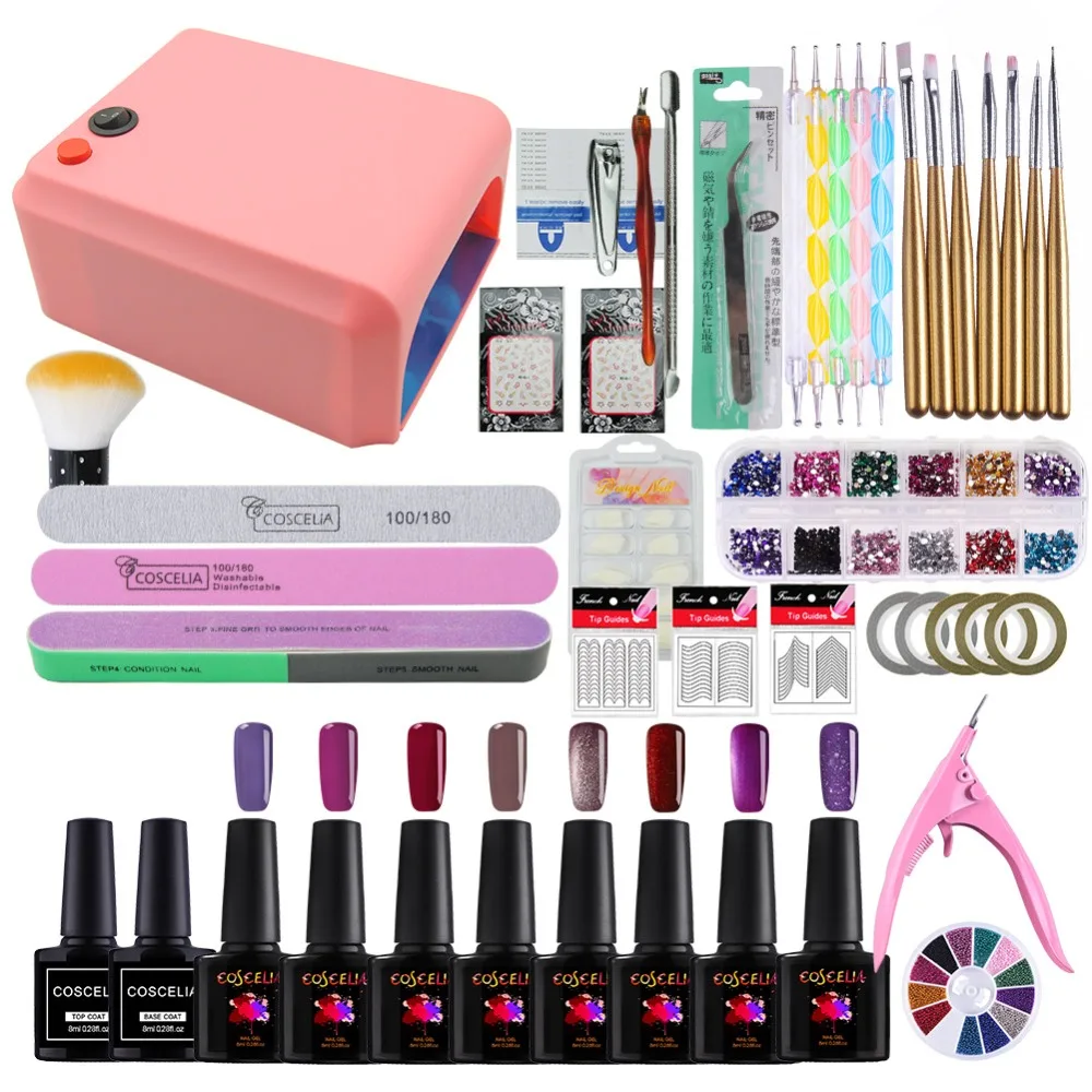 8pc Color Nail Polish Set For Manicure Pedicure Gel Polish Set 36W UV Lamp For Nail Set Top Coat Base Gel Varnishes Salon Kit