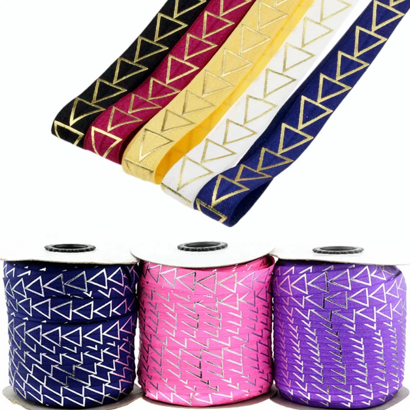 

5/8" Gold foil and silver foil Triangle Geometry FOE fold over elastic for DIY accessories welcome custom printed