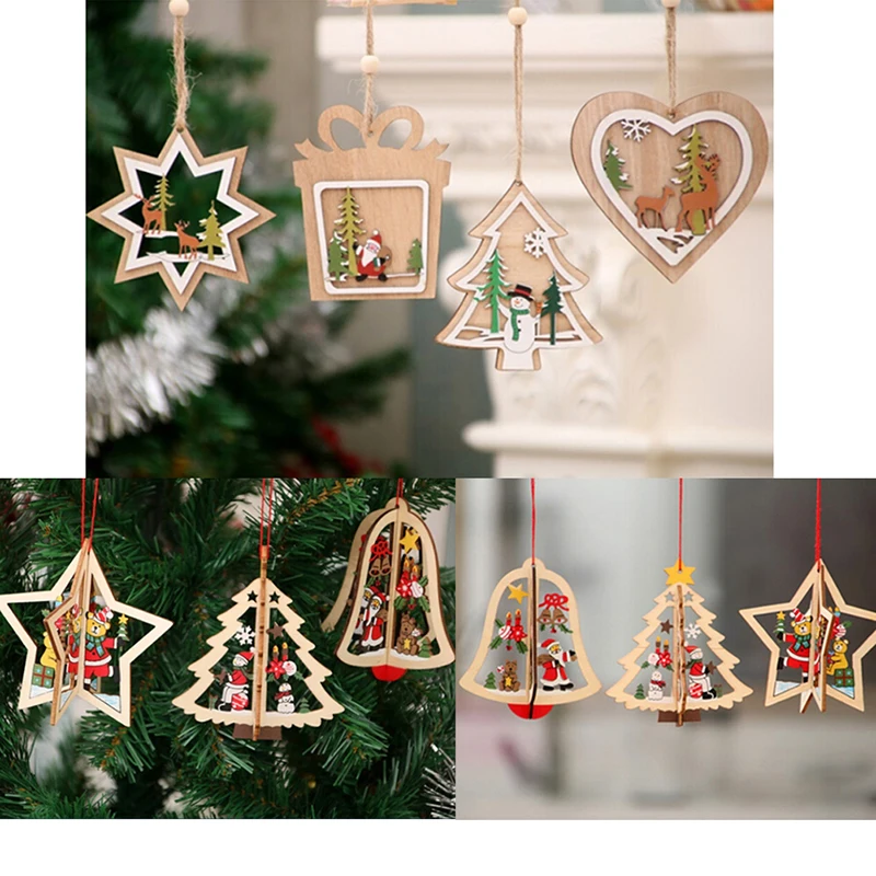 1PC 3D Christmas Tree Wooden Pendant Decoration Color Ornaments Hanging ...