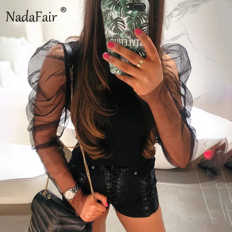 

Nadafair Puff Sleeve White Shirts Female 2019 High Neck Black Blouses And Tops Women 2019 Mesh Sleeve Sexy Club Party Shirt