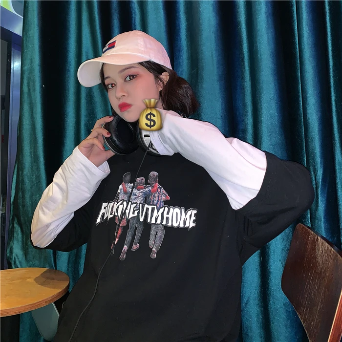 YouGeMan Harajuku Костюмы Весна Для женщин футболка с длинными рукавами Корейский Ulzzang поддельные 2 шт Лоскутные футболки Женский Топ