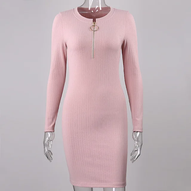 Pink V Neck Knitting Bodycon Women Dresses 2017 Winter Long Sleeve