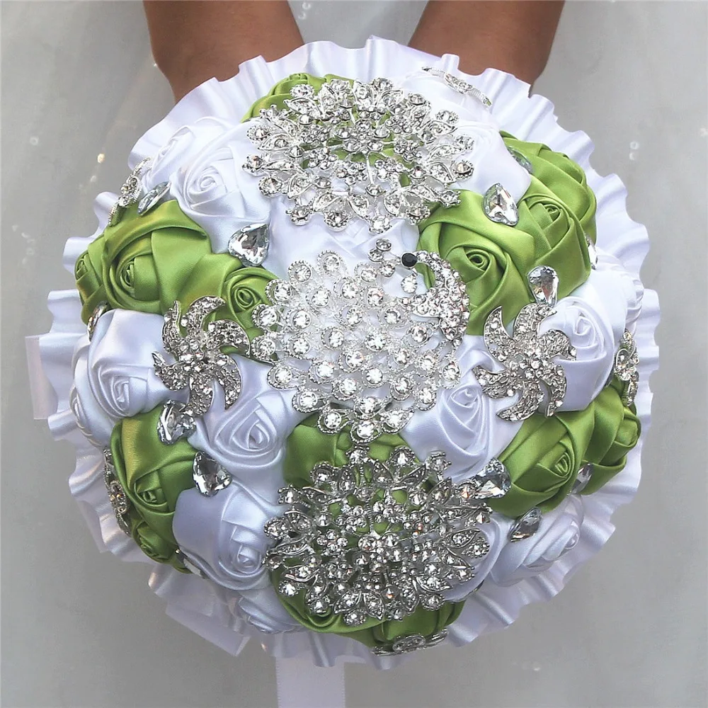 Прочный роскошные трава зеленая белый Шелковый цветок букет Павлин алмазы цветок брошь свадебные букеты могут быть настроены W2797