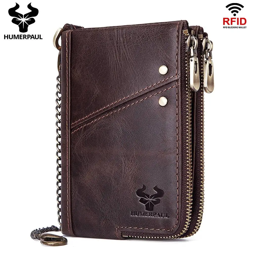 

100% Head Layer Cow Leather Men's High Quality RFID Wallet with Chain Anti-Theft Male Purse Soft Money Bag Casual Cards Holder