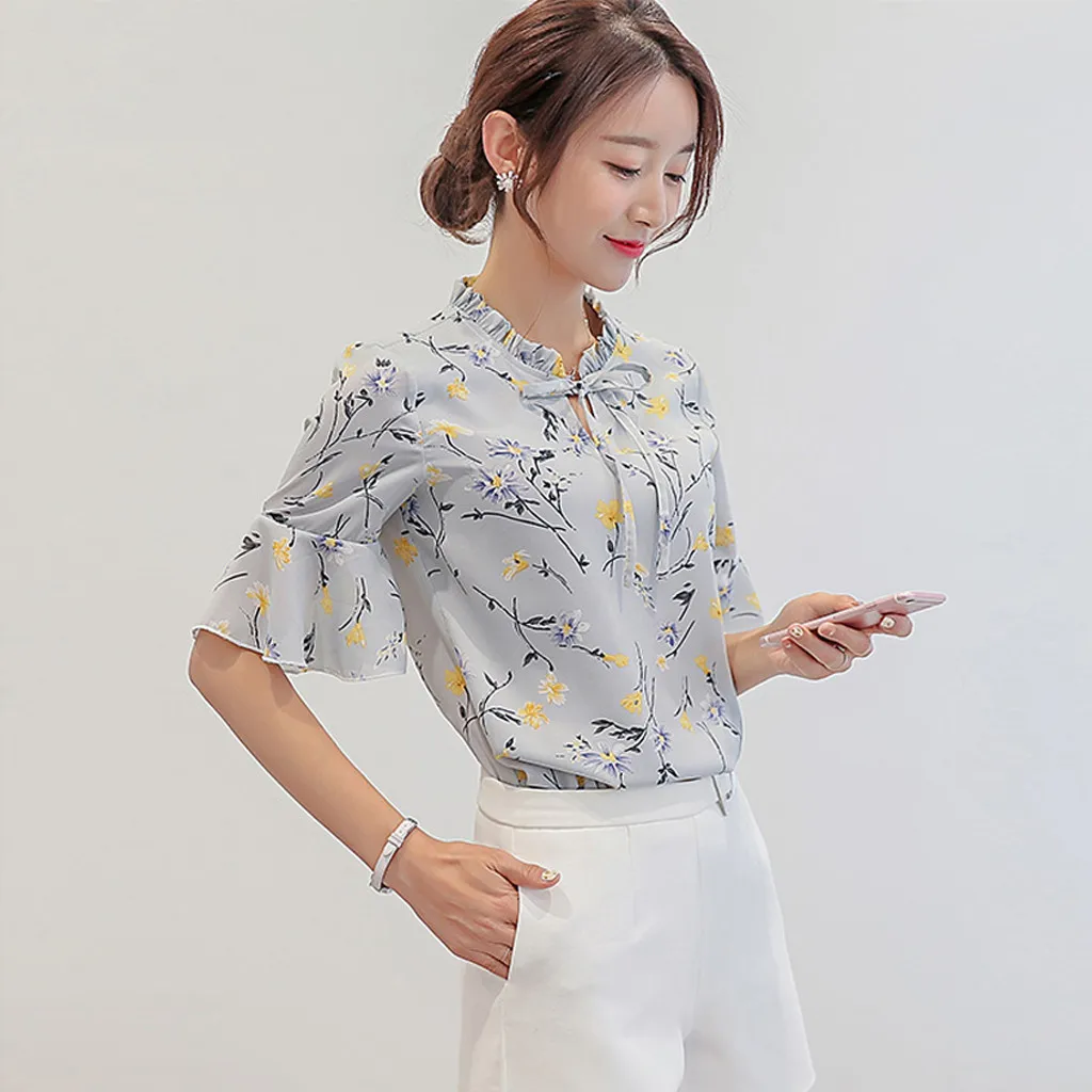 CHAMSGEND, женская шифоновая блузка, рубашка,, летняя, для работы, офиса, с расклешенными рукавами, галстук-бабочка, цветочный принт, шифоновая футболка, топ, Mar13