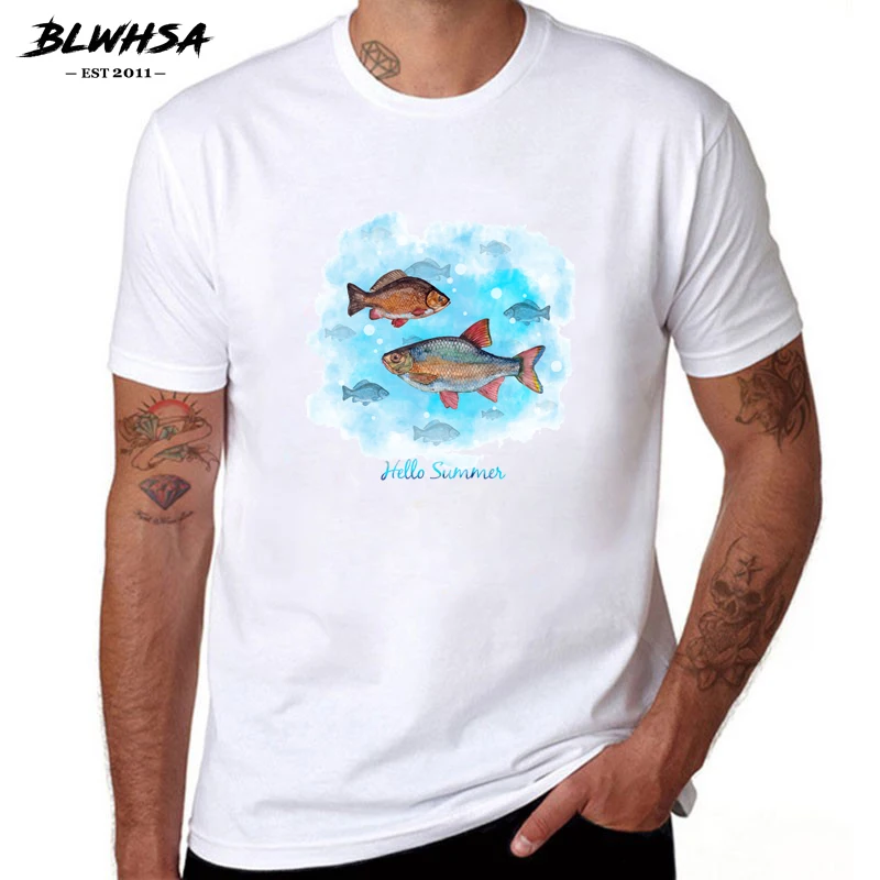 

BLWHSA Summer Colorful Fish Print T-shirt New Arrival Mens T Shirts Fashion O-Neck Pure Cotton Casual Short Sleeve T Shirt Homme