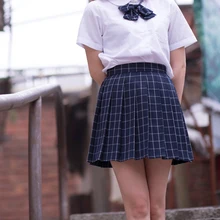 Navy blue Gray classical Grid pleated skirts Japanese school Girls student high waist plaid pleated skirt
