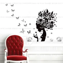 black butterflies flower sexy women head wall sticker decal large cheap vinyl silhouette poster girl home salon store decor